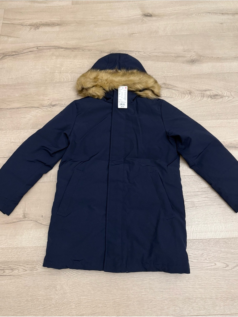 NEW - Uniqlo Navy Hooded Puffer Coat with Faux Fur Trim